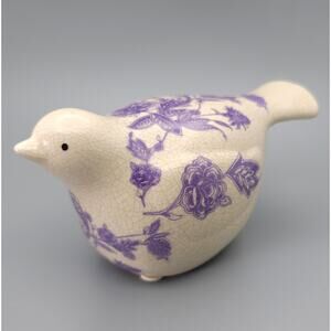 Beautiful Ceramic Bird Figurine with Purple Floral Pattern and Crackle Finish